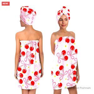 Microfiber Bath Wrap Set with Hair Drying Turban Quick Dry Cherry Bow Print New